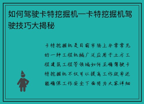 如何驾驶卡特挖掘机—卡特挖掘机驾驶技巧大揭秘