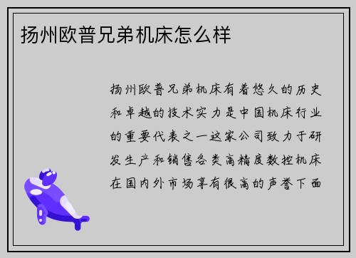 扬州欧普兄弟机床怎么样